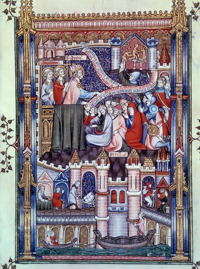 Conversión de los parisinos: en un puente de París, donde se encuentran tiendas de orfebres, los parisinos rompen ídolos de oro. Miniatura del manuscrito 