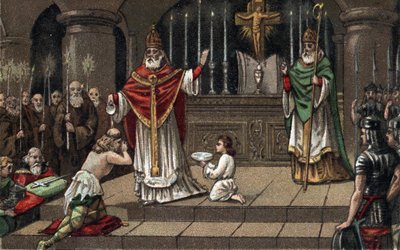 Conversión de Widukind o Witikind ante Carlomagno en 785. Cromolitografía de finales del siglo XIX. de Unknown artist