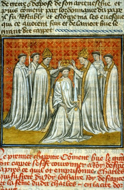 Coronación de Hugo Capeto (987) por Adalberón (ca. 925-990), Arzobispo de Reims - Iluminación de manuscrito en vitela de la Edad Media “Grandes Crónicas de Saint-Denis” finales del siglo XIV (ref. 512) de Unknown artist