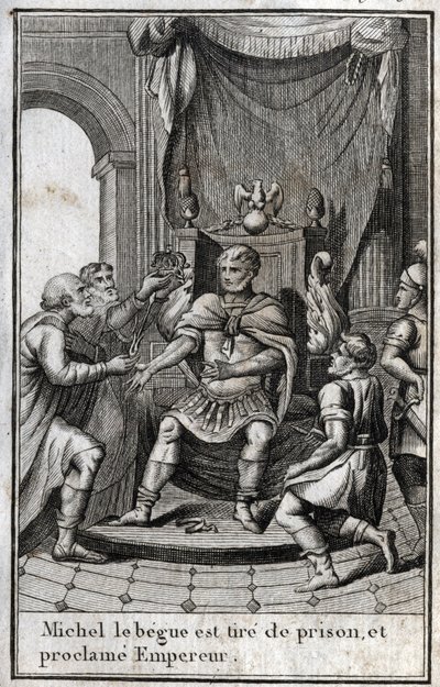 Coronación de Miguel II el Amoriano (el Tartamudo) (770-829) como emperador bizantino después de su liberación de prisión en 820. Es el fundador de la dinastía Amoriana. Grabado en “Beaute de l