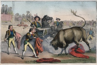 Corrida en España: el picador - Toro embistiendo a un picador - grabado de “Usi e Costumi di Tutti i Popoli dell