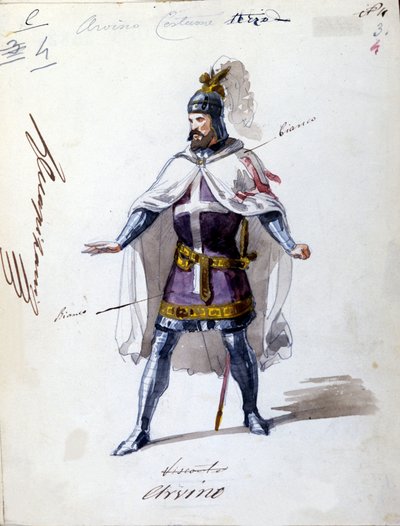 Vestuario para la ópera “I Lombardi” o “Los Lombardos en la Primera Cruzada” compuesta por Giuseppe Verdi (1813 - 1901) en 1843. Dibujo anónimo en acuarela. Personaje de Alvino para la representación en la Scala de Milán. de Unknown artist