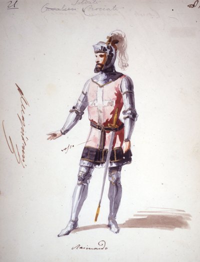 Vestuario para la ópera “I Lombardi” o “Los Lombardos en la Primera Cruzada” compuesta por Giuseppe Verdi (1813 - 1901) en 1843. Dibujo anónimo en acuarela. Personaje de Raimondo para la representación en la Scala de Milán. de Unknown artist