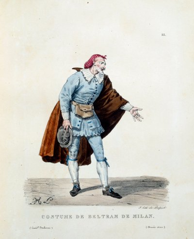 Traje de Niccolo Barbieri, conocido como Beltrame de Milán (fallecido en 1641) en 1600. Traje de la comedia italiana (commedia dell
