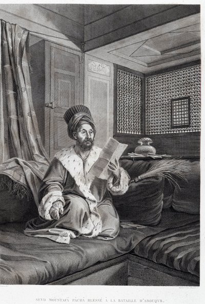 Trajes y Retratos: Seyd Moustafa Pasha herido en la Batalla de Abouqyr (Aboukir) en “Descripción de Egipto”, Ediciones Imperiales de Unknown artist