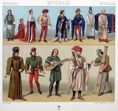 Trajes y músicos en la Edad Media del siglo XIII al XV. En "El Traje Histórico" por A. Racquet de Unknown artist