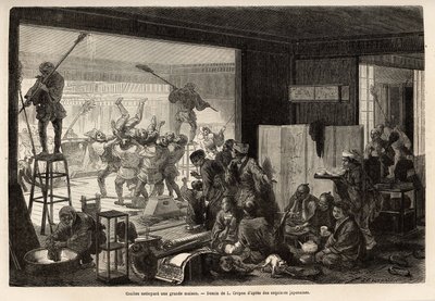 Sirvientes limpiando una gran casa, para los preparativos de Año Nuevo, esta limpieza termina con manifestaciones alegres y grotescas: la eliminación de quien no ha realizado bien su tarea. Grabado para ilustrar el viaje a Japón, por Aimé Humbert, ministro de Unknown artist