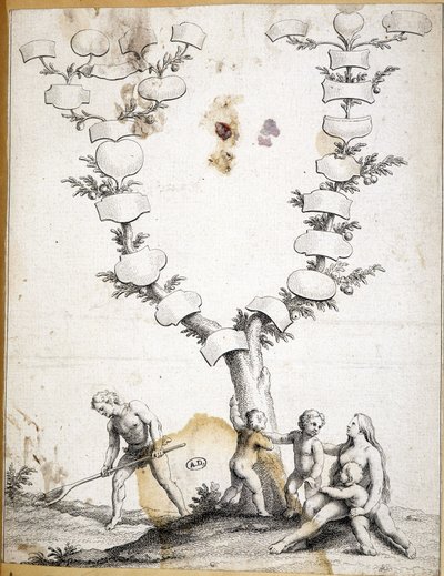 Pareja con niños al pie de un árbol genealógico virgen - grabado de Unknown artist