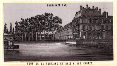 Patio de la fuente y estanque de las carpas de Fontainebleau (Seine y Marne, región de Ile-de-France, Francia). Cromolitografía de finales del siglo XIX. de Unknown artist