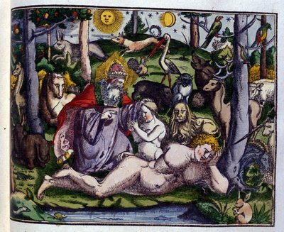 Creación: Dios representado rodeado de seres humanos y animales (perro, grulla, león, ciervo, castor, mono, unicornio, jabalí, loros, conejo...), según Historiae animalium de Konrad Gesner, Tiguri de Unknown artist