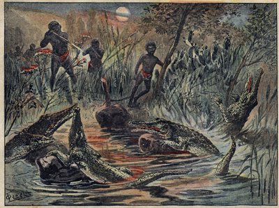 Caza de cocodrilos en Níger con un niño como cebo. Ilustración en “Le Pelerin” del 4 de diciembre de Unknown artist