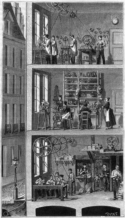 Sección transversal de una casa en la rue Beaubourg en París, mostrando el uso de la distribución de fuerzas. de Unknown artist