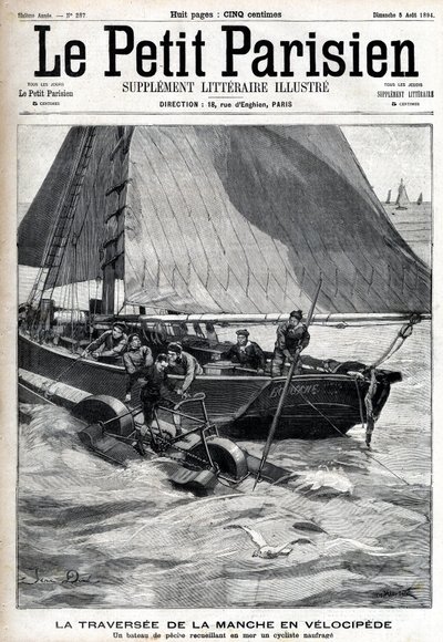 Cruzando el canal en velocípedo: un barco pesquero recoge a Georges Pinkert en el mar, quien había apostado cruzar el canal con el velocípedo acuático que había inventado. Grabado en 