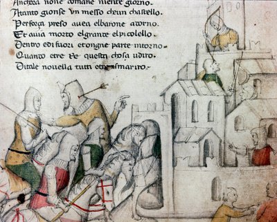 Cruzados atacando una fortaleza mora. Ilustración para el poema toscano "Febusso e Breusso". Manuscrito MS.B.R.45. Siglo XV. Florencia, Biblioteca Nazionale de Unknown artist