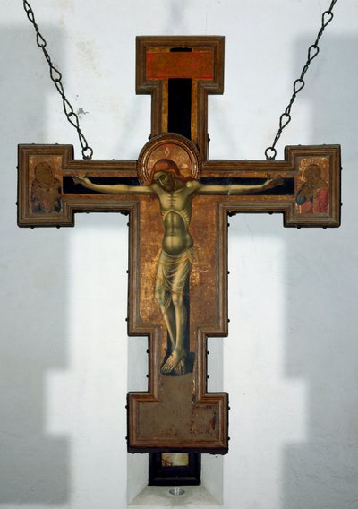 Crucifixión. Pintura anónima en madera en el reverso de una cruz. Siglo XV Varazze, Cappella del Castello Invrea Italia de Unknown artist