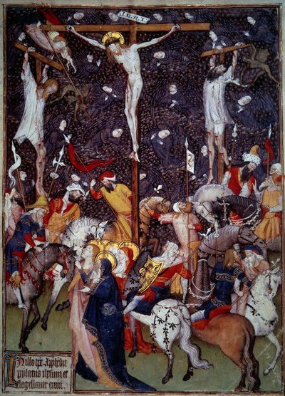 Crucifixión. Ángeles negros vuelan alrededor de los cuerpos de los condenados. Romanos a caballo giran alrededor de la cruz para contemplar la escena. Miniatura de un manuscrito del siglo XV. París, B.N. de Unknown artist