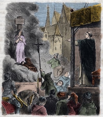 Cruzada contra los Albigenses - Herejes quemados vivos: Cátaros en la hoguera, en el tiempo de la cruzada contra los Albigenses en Francia siglo XIII - Grabado de 1879 en 