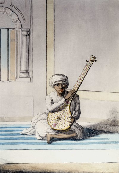 Cultura, civilización y sociedad india: Músico tocando Thambourah (Tamboura), instrumento tradicional de la India. Grabado de 1808 de Unknown artist
