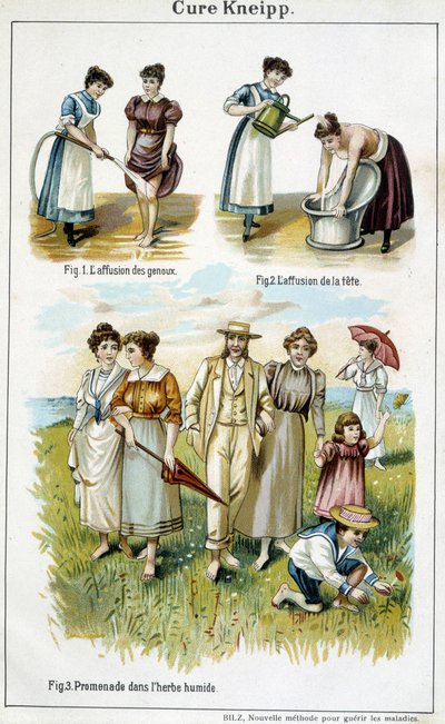 Cura Kneipp: afusión de las rodillas, afusión de la cabeza, caminar en la hierba mojada - en “Bilz, Medicación Natural”, finales del siglo XIX de Unknown artist