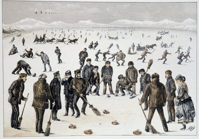 Curling en un lago congelado cerca de Halifax, Nueva Escocia - en “Bocetos de deportes y pasatiempos canadienses” de Teniente Henry Buckton Laurence de Unknown artist