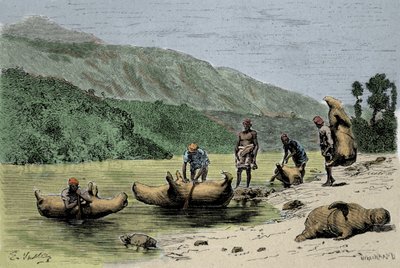Costumbres y métodos de transporte: pieles de animales infladas usadas para cruzar ríos. Grabado del siglo XIX de Unknown artist