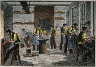 Taller de cuchillería en Francia en el siglo XIX. Grabado de 1885 en “Les arts et metiers illustres” por Adolphe BITARD. de Unknown artist