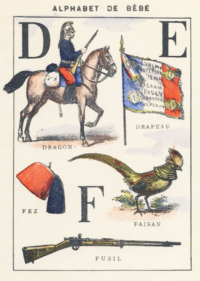 D E F: dragón, bandera, faisán, fez, rifle de Unknown artist