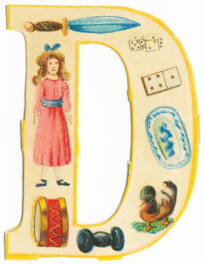 D: daga, muñeca, dados, dominó, tambor, plato, mancuerna, pato de Unknown artist