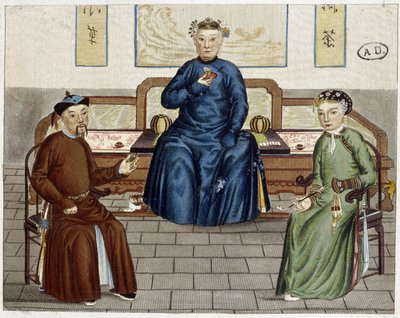 Vida diaria de los chinos: Té y tabaco - grabado de Unknown artist