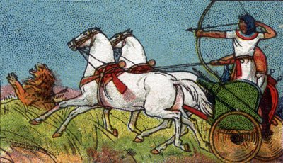 La vida cotidiana en el antiguo Egipto: un faraón persiguiendo al león, mendigo del siglo XX (cromo) de Unknown Artist