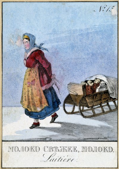 Lechera en Rusia que lleva sus latas de leche en un trineo, Bibl. de Artes Decorativas. de Unknown artist