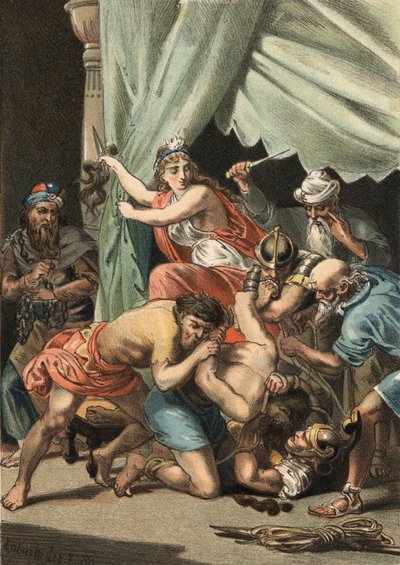 Dalila corta el cabello de Sansón para hacerlo vulnerable y entregarlo a los filisteos. de Unknown artist