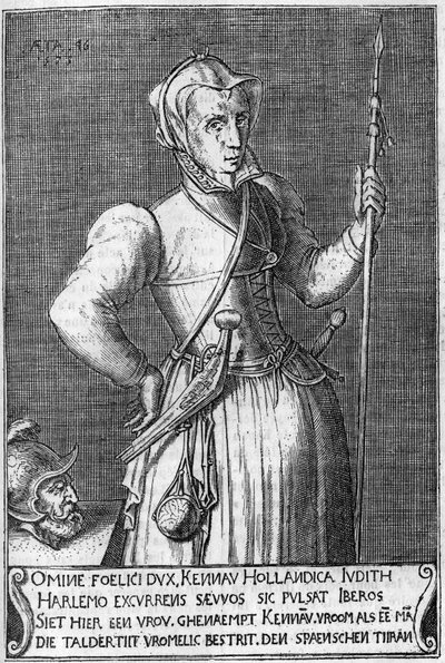 Dame Kenau Simonsdochter Hasselaer, la heroína de Haarlem durante la lucha contra los españoles en 1572. Grabado del siglo XVII comparada con Judith de Holofernes de Unknown artist