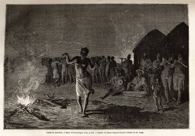 Danza de los Malinkes, población y lengua de África Occidental (Guinea, Senegal, Mali y Costa de Marfil), los bailarines se reúnen al caer la noche y bailan alrededor del fuego al ritmo de la música tradicional. Grabado para ilustrar la historia del Tenien de Unknown artist