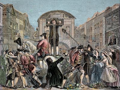 Daniel Defoe (De Foe) (1659-1731) en el cepo en Londres en 1703 por publicar su tratado irónico "The Shortest Way With the Dissenters" - El escritor y aventurero Daniel Defoe (1659-1731) condenado en 1703 al cepo por sus escritos contra la int de Unknown artist
