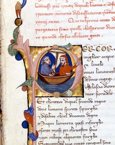 Dante Alighieri: Divina Commedia (Divina Comedia) incipit del Purgatorio. Dante y Virgilio. Manuscrito del siglo XIV. Milán, Biblioteca Trivulziana de Unknown artist
