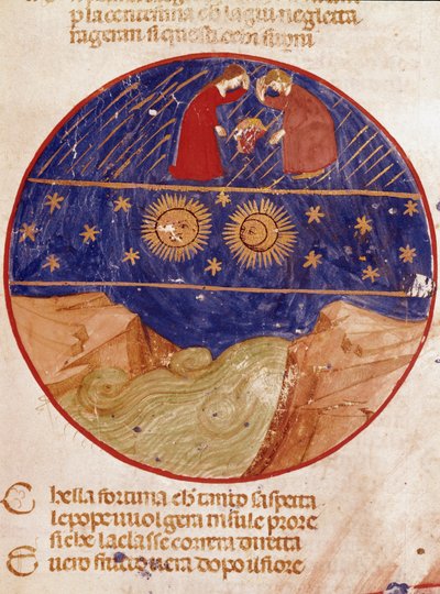 Dante y Beatriz miran desde el cielo, la Tierra y las estrellas. Página iluminada ilustrando un canto del Paraíso de la 