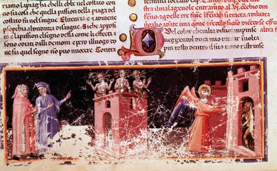 Dante y Virgilio en la puerta de Dite controlada por las furias (canto 9 del Infierno, en la Divina Comedia) - miniatura de Unknown artist