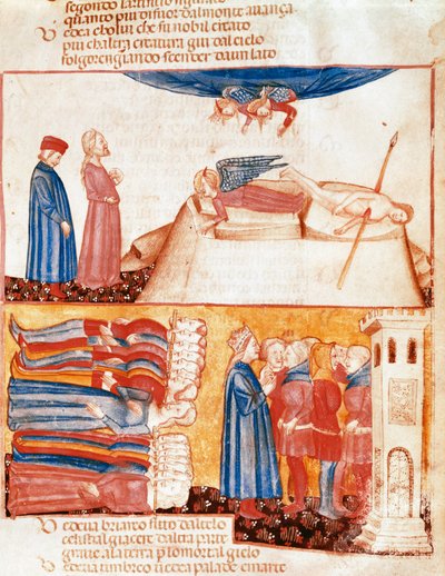 Dante y Virgilio encuentran las almas de los muertos violentamente. Página iluminada que ilustra un canto del Antipurgatorio de la 