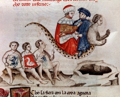 Dante y Virgilio montan en la espalda de Gerión (canto 17 del Infierno, en la Divina Comedia) - miniatura del siglo XV de Unknown artist