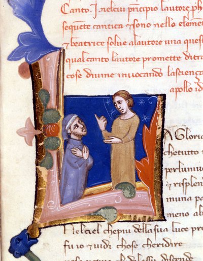 Dante saludado por Beatriz a la entrada del Paraíso. (letrina 