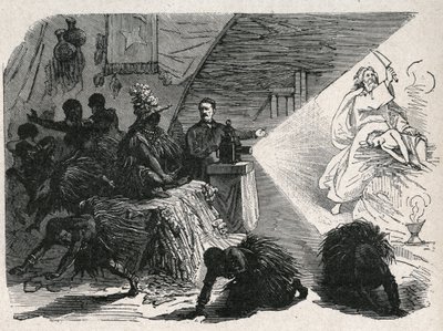 David Livingstone (1813-1873) misionero y explorador escocés con la linterna mágica en el Balonda. de Unknown artist