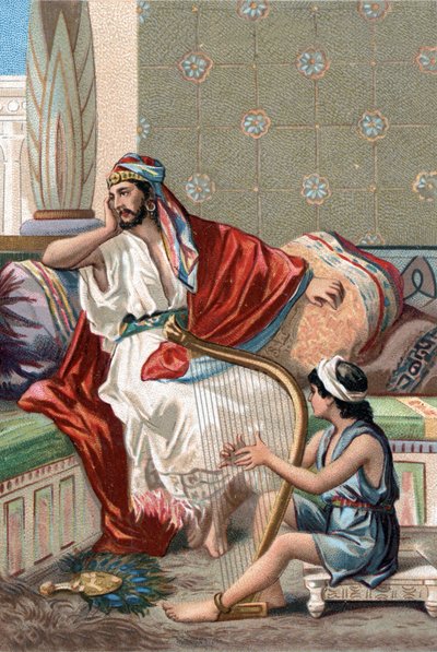 David tocando la cítara frente al rey Saúl para calmarlo. de Unknown artist