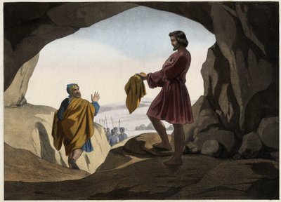 David mostró a Saúl el trozo de su manto: David se negó a matar al rey Saúl, quien fue entregado por Dios en la cueva, y solo cortó un trozo de su manto. Grabado anónimo de mediados del siglo XIX de Unknown artist