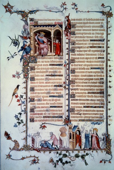 David amenazado por Saúl. Alegoría de la avaricia. Sacramento de la Comunión. Alegoría de la caridad. Miniatura tomada del Salmo 