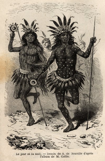 Día y noche, pinturas en el cuerpo de los bailarines de la ceremonia religiosa y expiación, ejecutadas por los jefes y sus compañeros, entre los indios Mandan (o noumah ka kie: faisanes), en la orilla izquierda del Missouri. Grabado para ilustrar una excur de Unknown artist