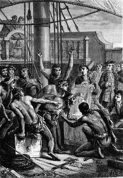 Descubrimiento de las Indias: viaje de Wallis en el Pacífico; Indios descubriendo un espejo - en 