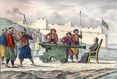 Muerte en Argel en 1683 del Padre LE VACHER (Jean Levacher), misionero francés durante el bombardeo de Argel por Duquesne. En “La Argelia antigua y moderna” por Léon Galibert. Edición italiana en 1846 color de Unknown artist