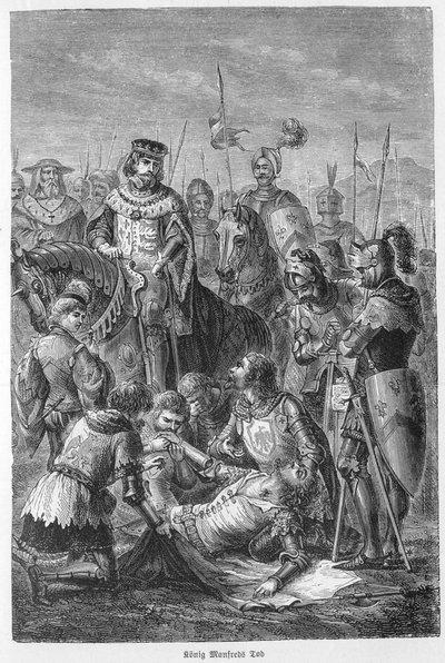 Muerte de Manfredo, Rey de Sicilia - 1266 - Manfredo muerto en batalla - Batalla de Benevento (26 de febrero de 1266): la muerte de Manfredo I (de Hohenstaufen) de Unknown artist