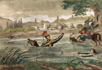 Muerte del Príncipe Joseph (Jozef) Antoni Poniatowski (nacido en 1763) en el paso del Elster en 1813, grabado de la época de Unknown artist